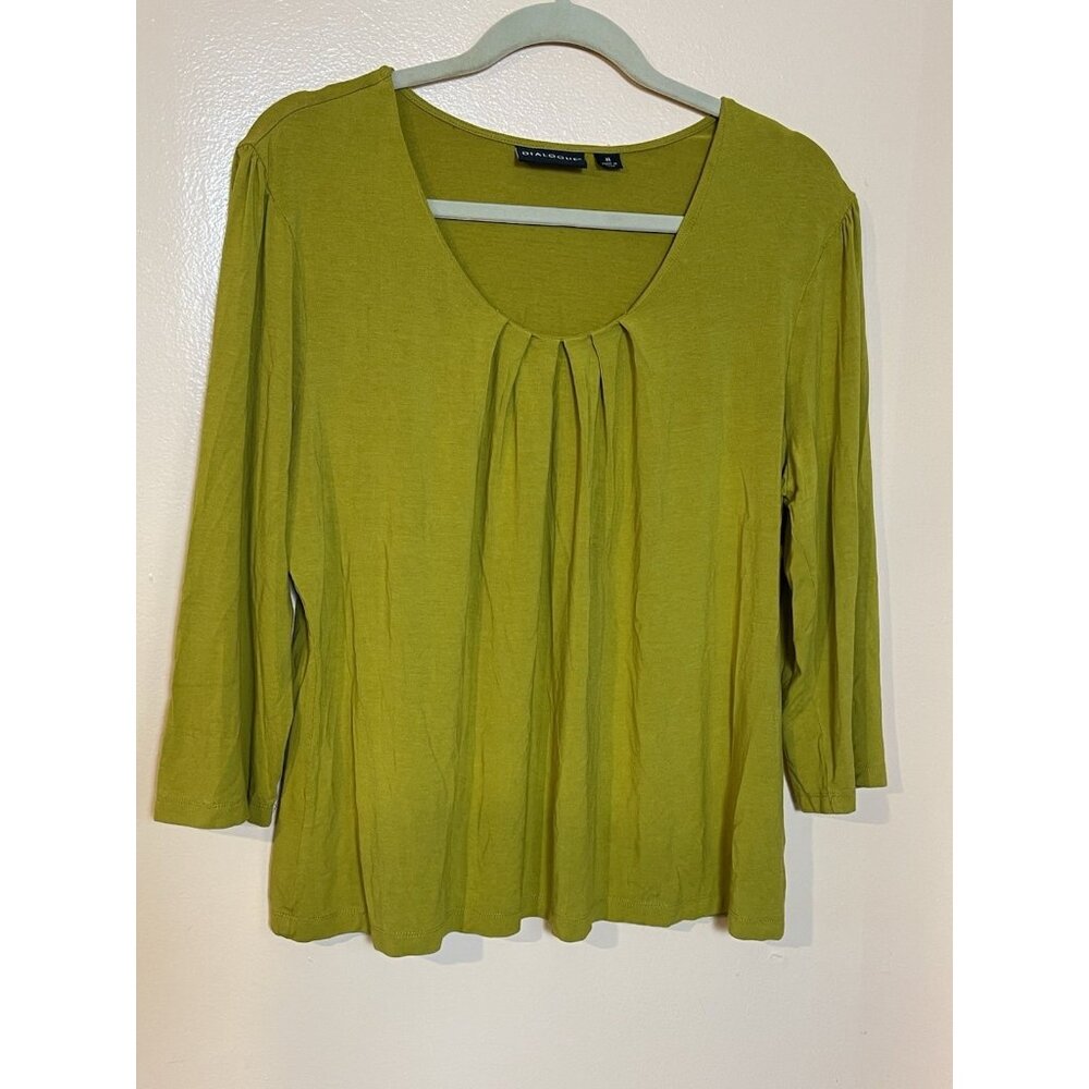 Dialogue Womens Pleated Scoop Neck 3/4 Sleeve Top Rayon/Spandex Yellowish in XL